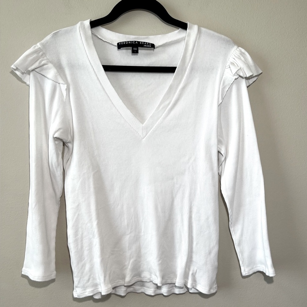 Veronica‎ Beard Jeans Selene Sweater Women L White Long Sleeve Ruffle Ribbed